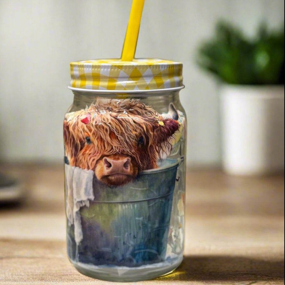 Highland Cow Glass Jar with Yellow Straw
